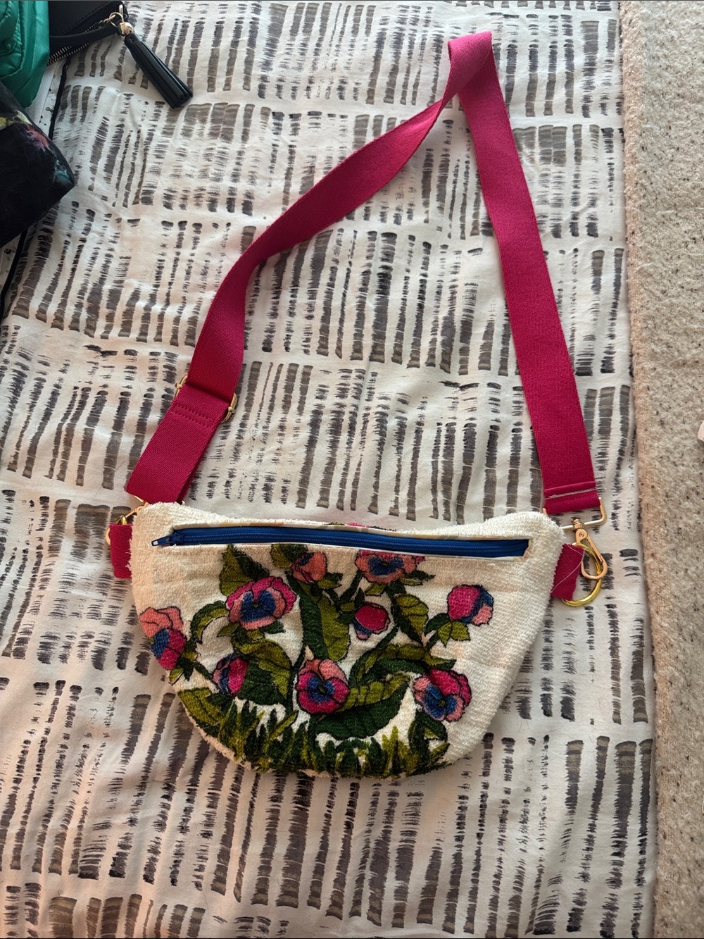 Floral Embroidered Crossbody Bag with Pink Strap